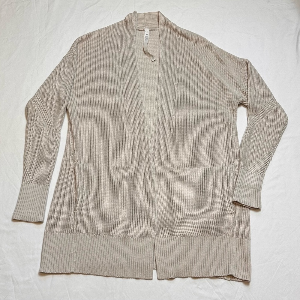 Lululemon thick rib-knit beige long open cardigan